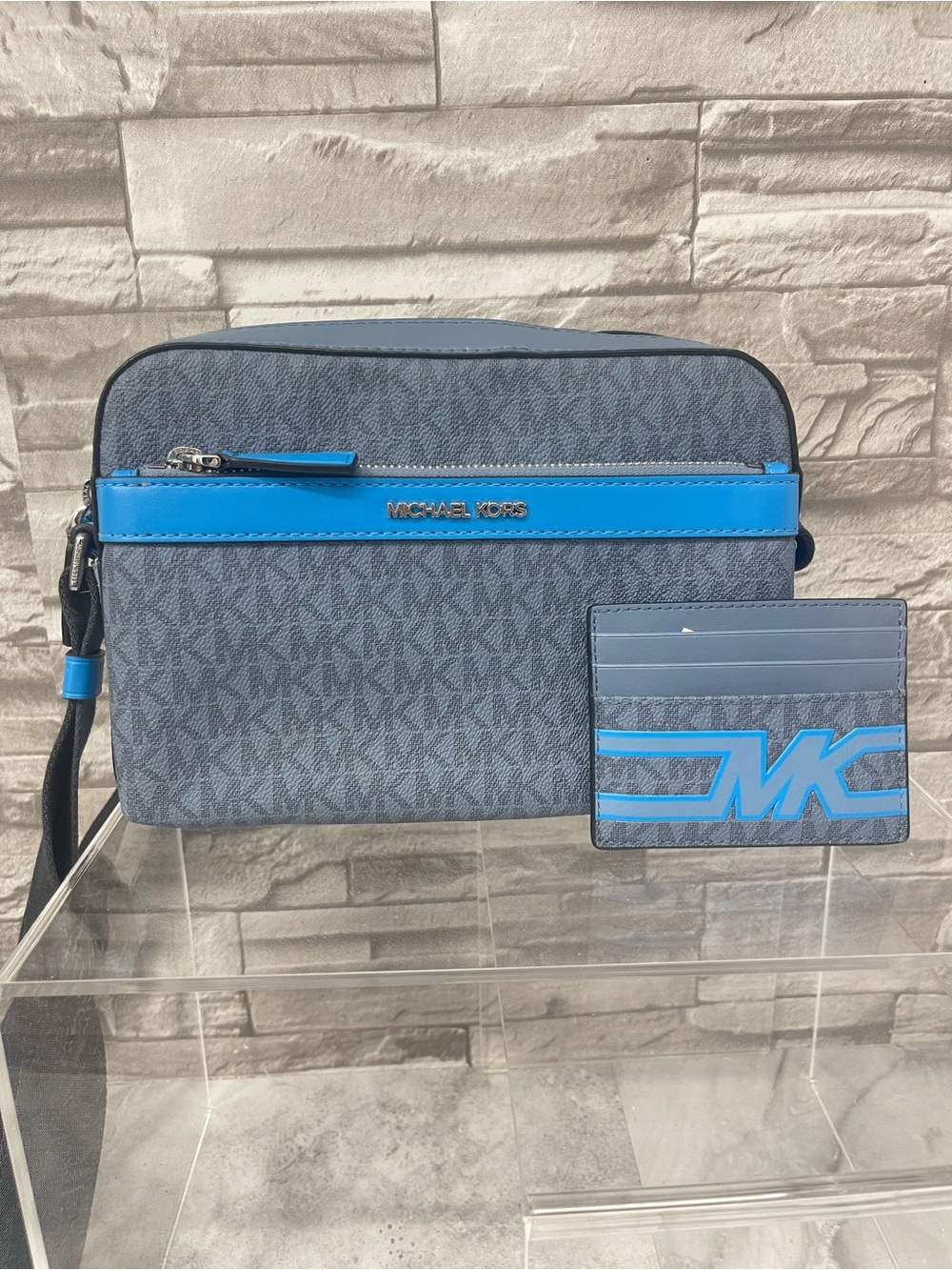 Michael Kors Cooper Utility Messenger & Card Holder Unisex Blue Logo Denim Multi